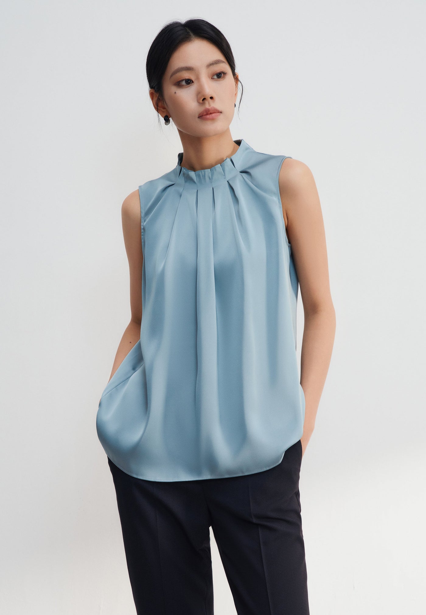 Women Clothing Satin Pleated Stand Collar Sleeveless Blouse Regular Fit