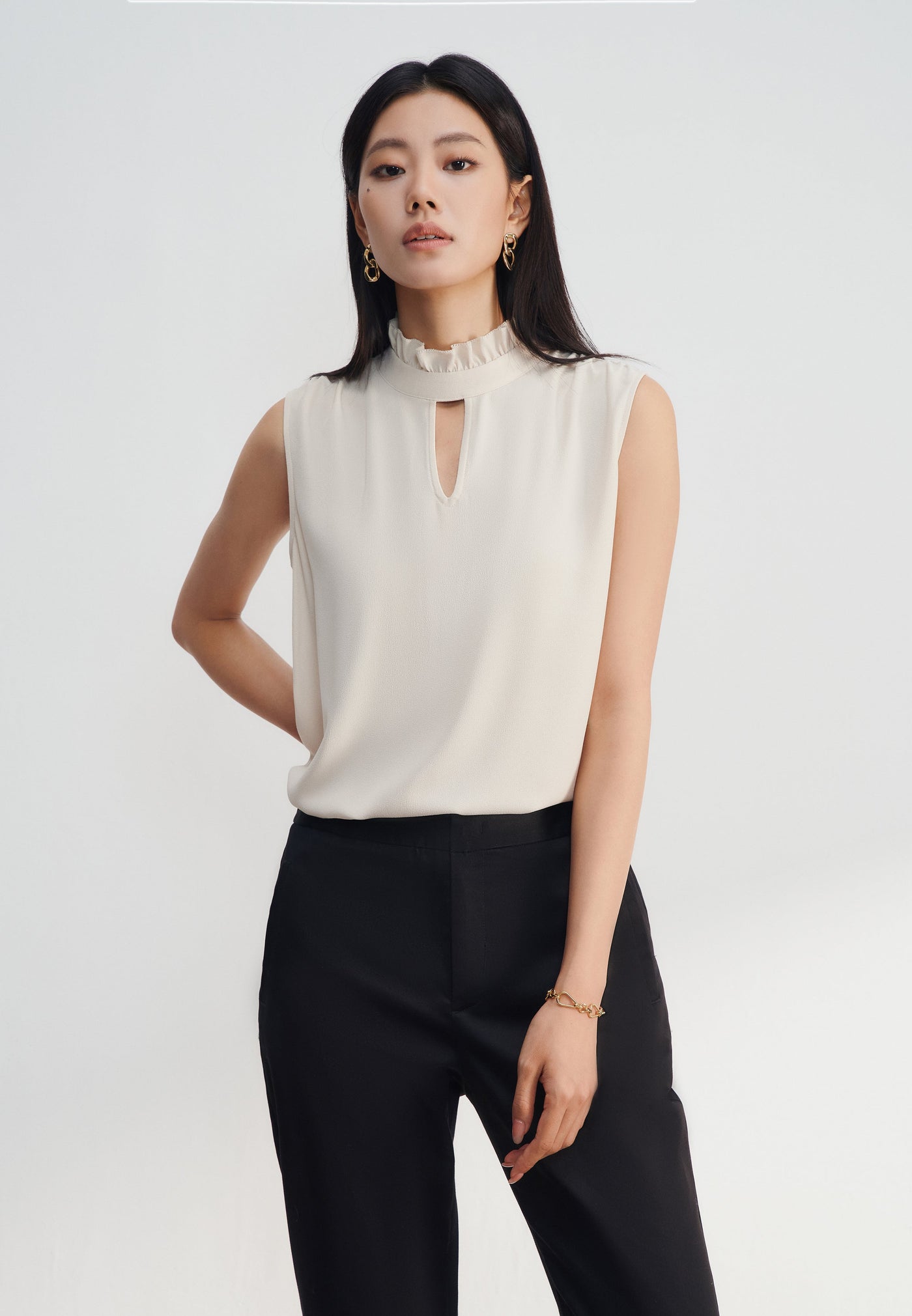 Women Clothing Crepe Stand Collar With Detachable Tie Sleeveless Blouse Regular Fit