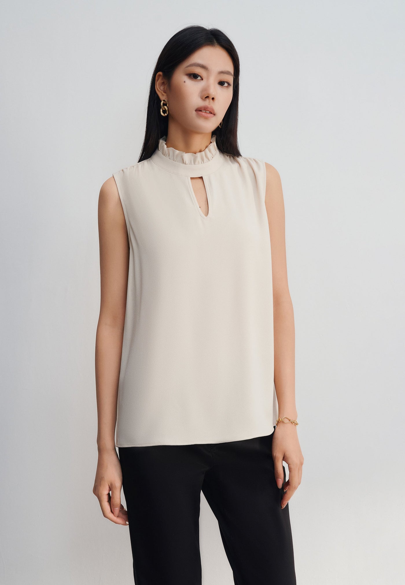 Women Clothing Crepe Stand Collar With Detachable Tie Sleeveless Blouse Regular Fit