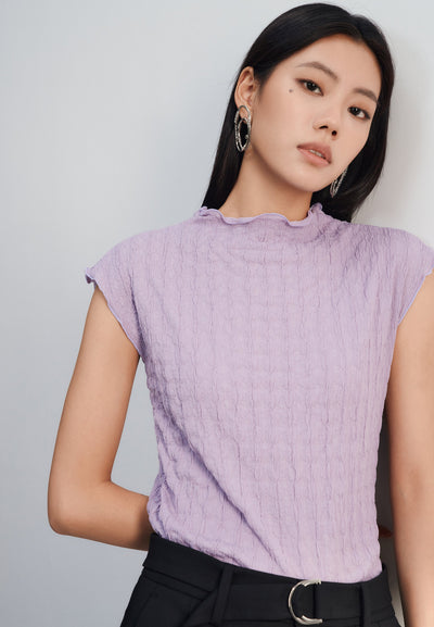 Women Clothing Mock Neck Texture Cap Sleeve Knit Tee Slim Fit