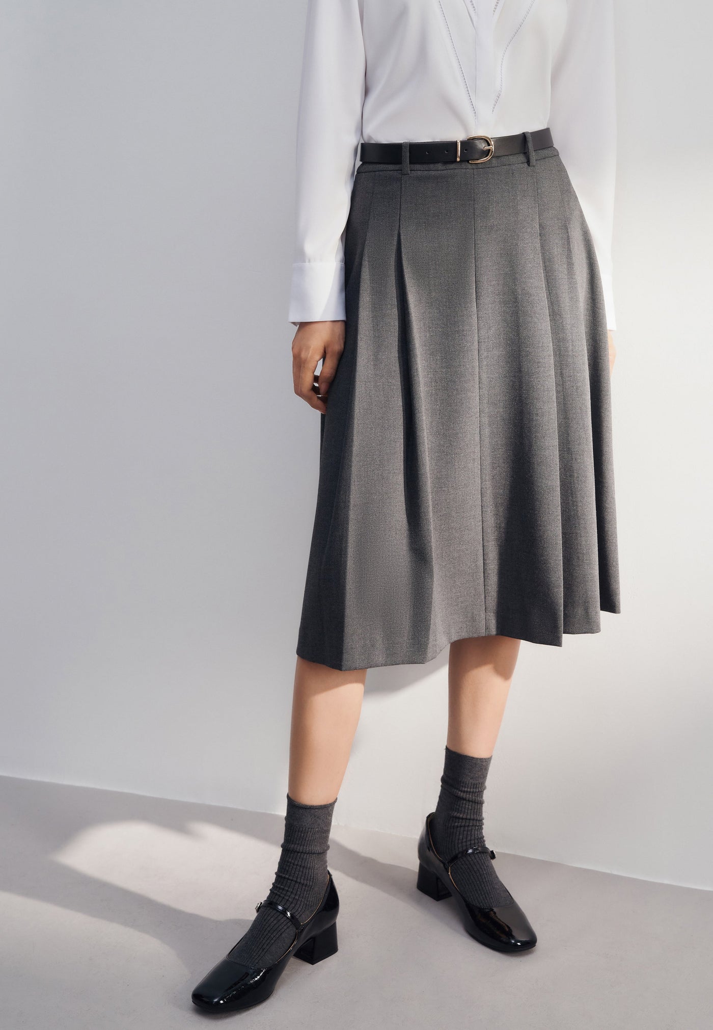 Women Clothing Twill A-Line Midi Skirt With Belt A-Shape