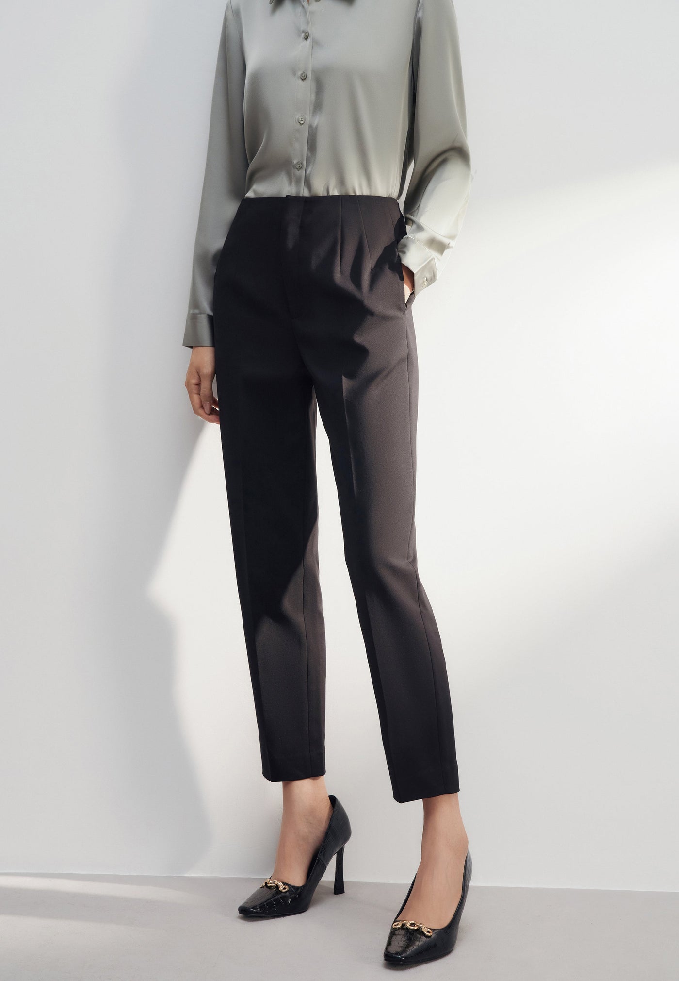 Women Clothing Cotton Blend Double Waeve Cropped Cigarette Casual Pants Cropped Cigarette Shape