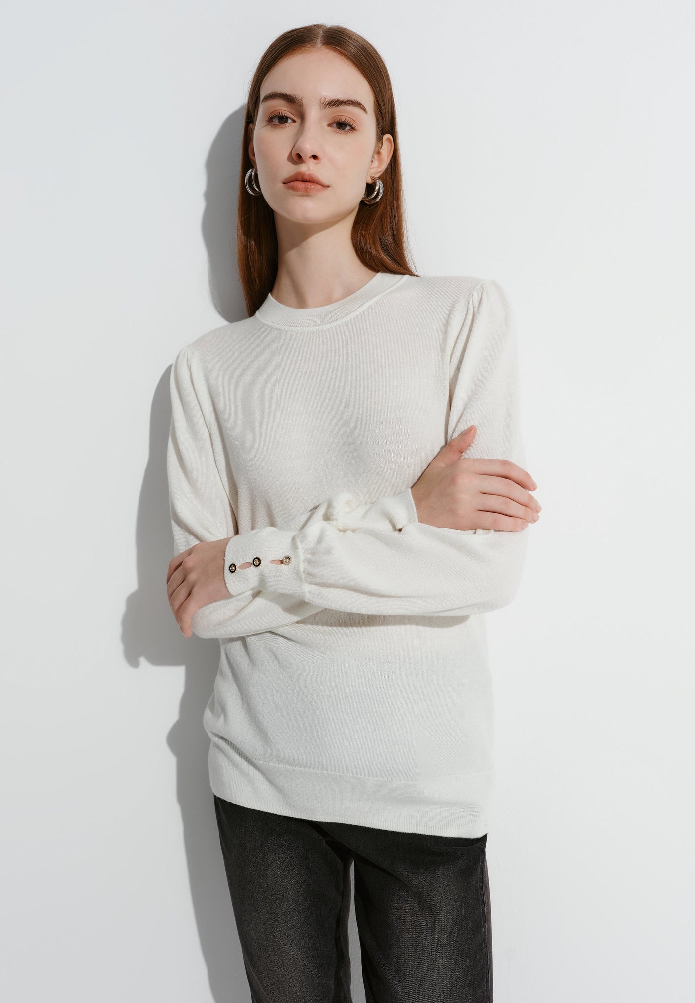 Women Clothing Crew Neck Puff Sleve Sweater Top Regular Fit