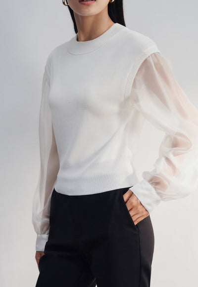 Women Clothing Crew Neck Organza Puffy Sleeves Sweater Top Regular Fit