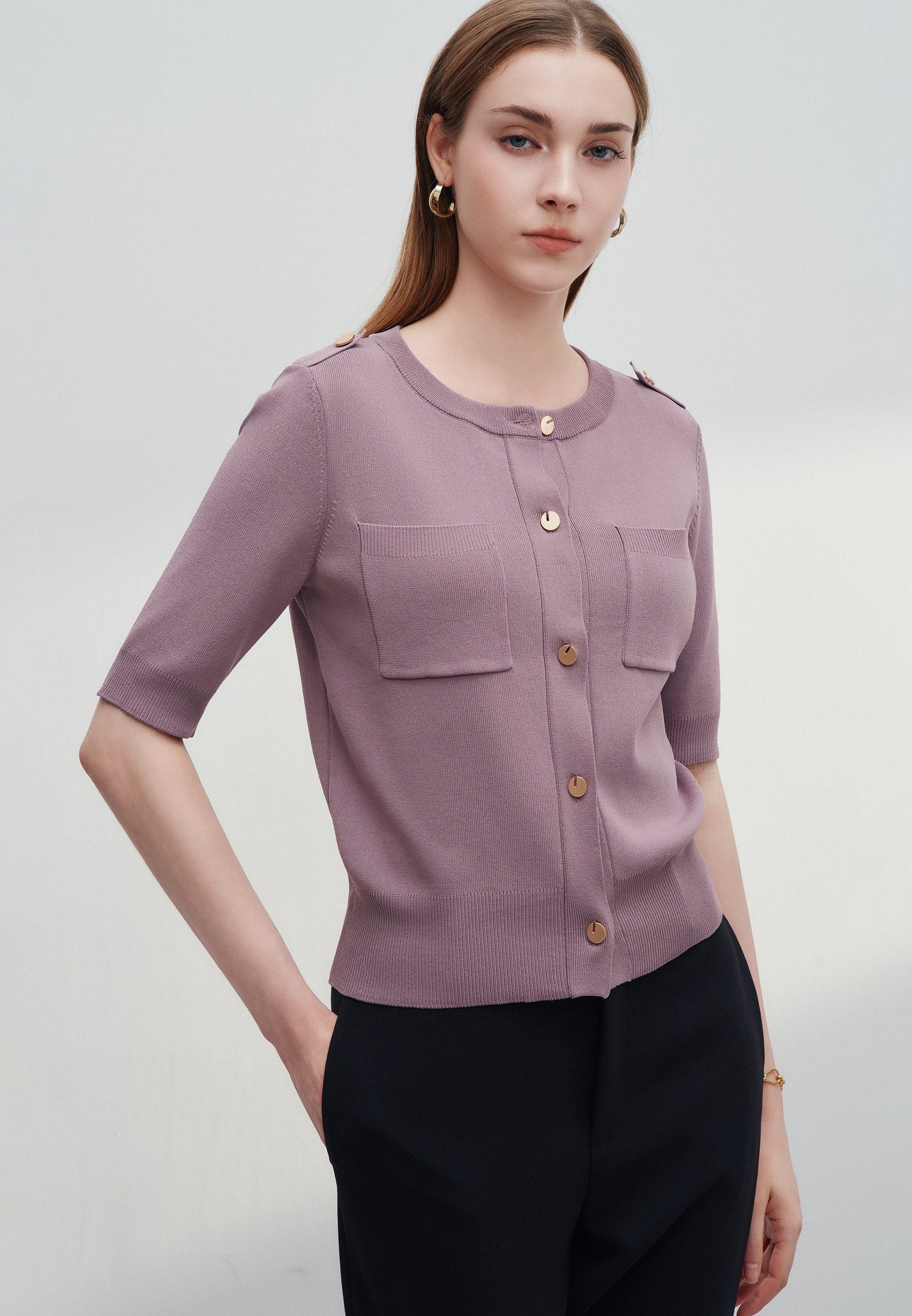 Women Clothing Crew Neck Pocket Cardigan Regular Fit