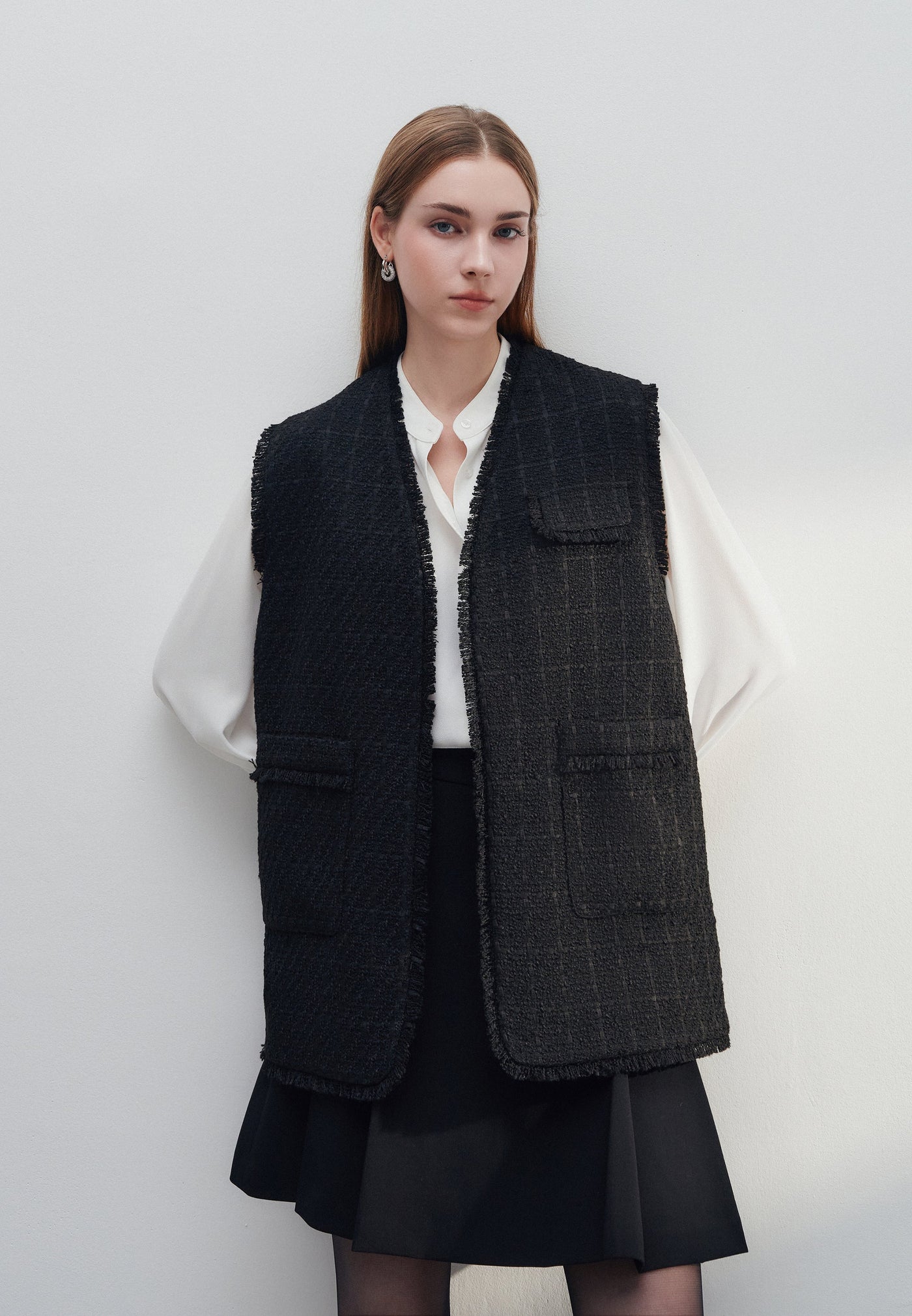 Women Clothing Tweed Open Front Waist Coat Regular Fit