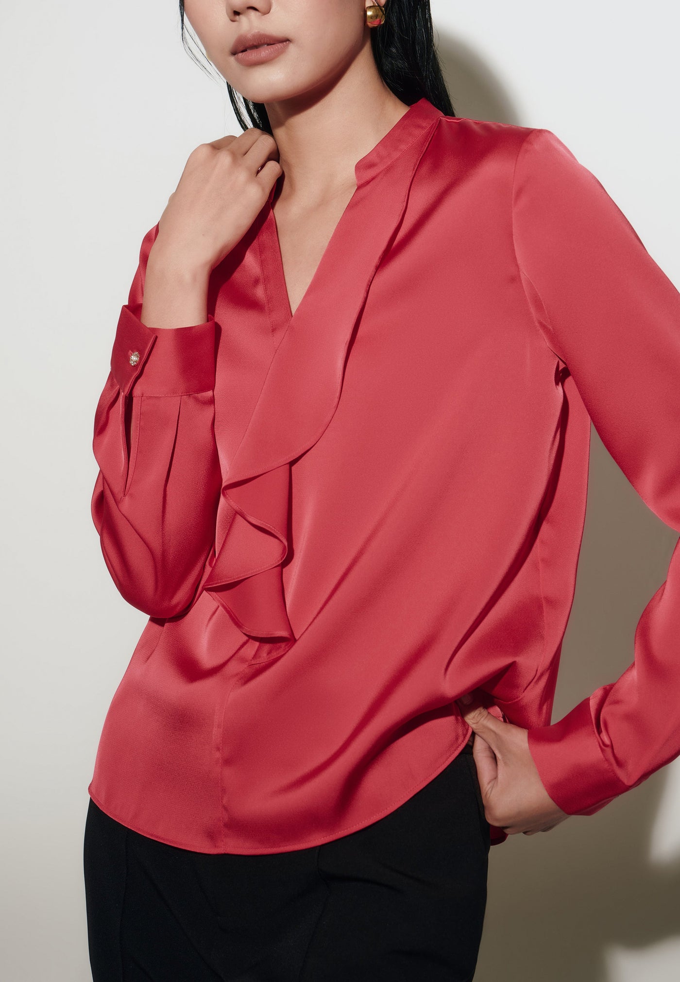 Women Clothing Poly Satin Stand Collar Blouse Regular Fit