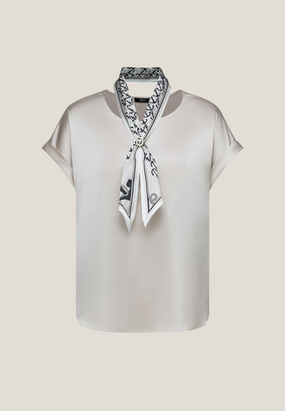 Women Clothing Satin Short Sleeve Blouse With Scarf & Ring Regular Fit