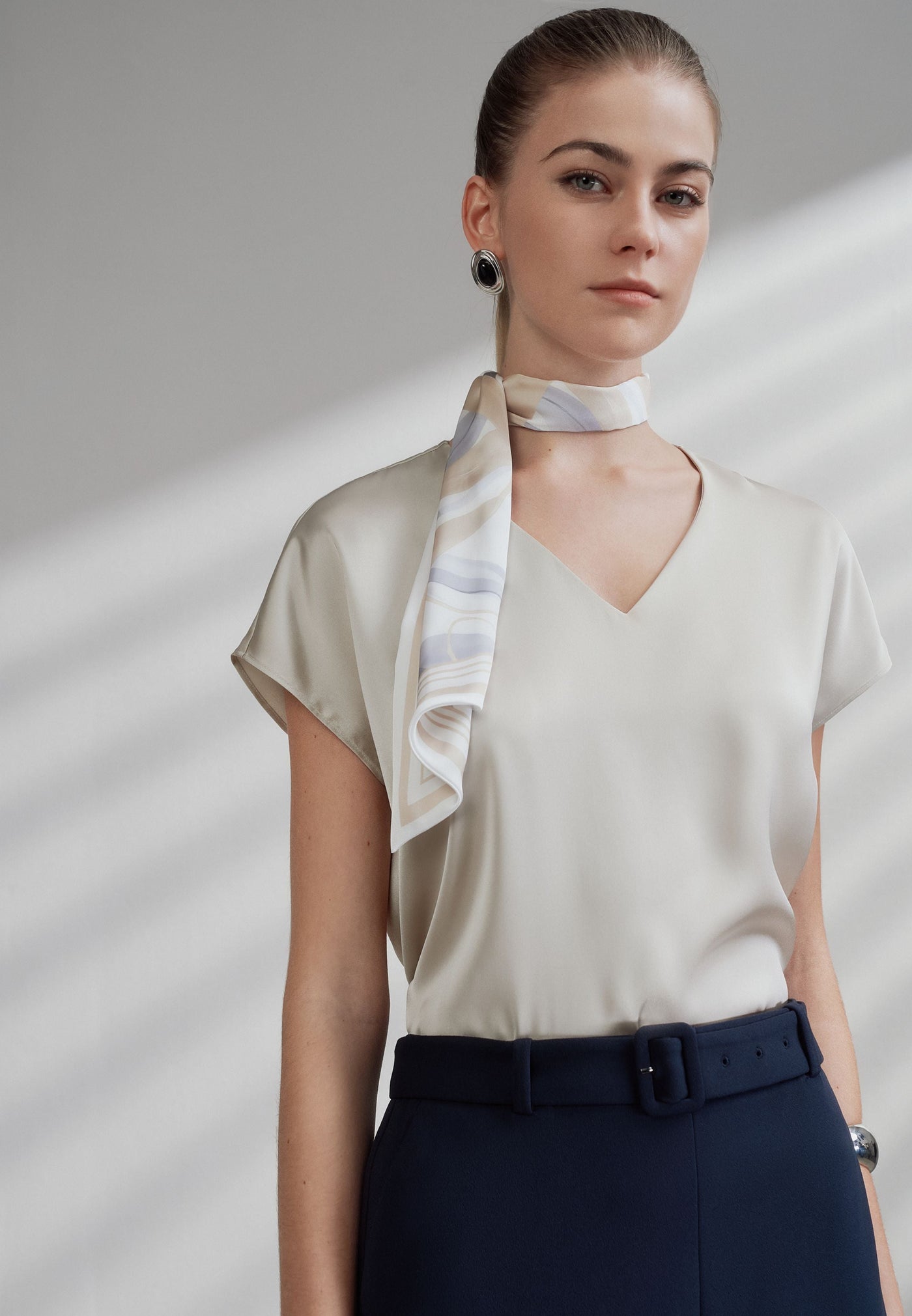 Women Clothing Satin V Neck Scarf Blouse Regular Fit