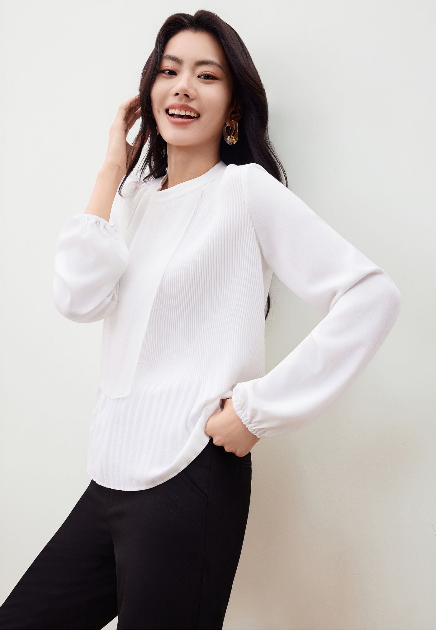 Women Clothing Gradient Pleat Puff Sleeve Blouse Regular Fit