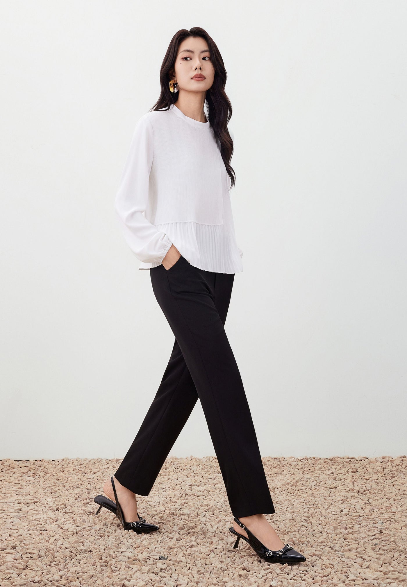 Women Clothing Gradient Pleat Puff Sleeve Blouse Regular Fit