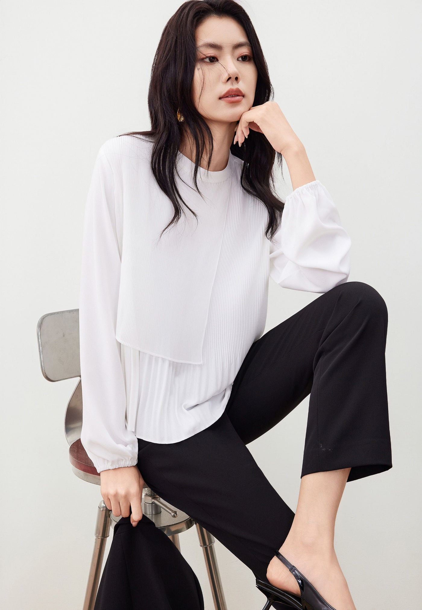 Women Clothing Gradient Pleat Puff Sleeve Blouse Regular Fit