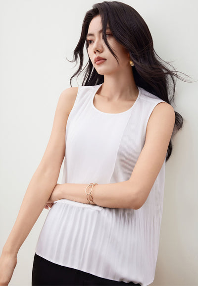 Women Clothing Sleeveless Gradient Pleat Puff Shoulder Blouse Regular Fit