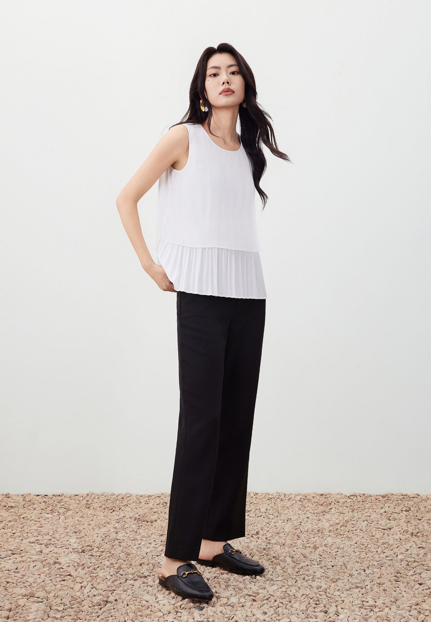 Women Clothing Sleeveless Gradient Pleat Puff Shoulder Blouse Regular Fit