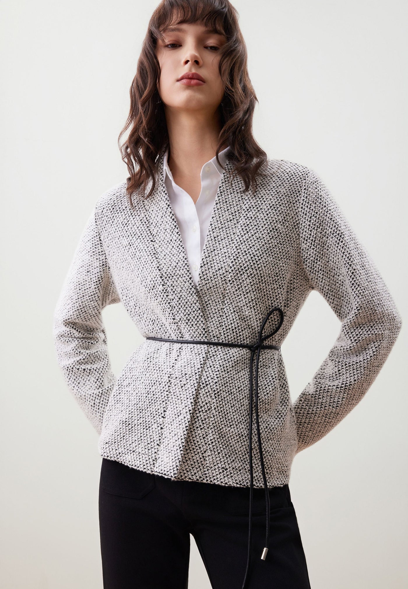 Women Clothing Tweed Knit Cardigan with Tie Regular Fit