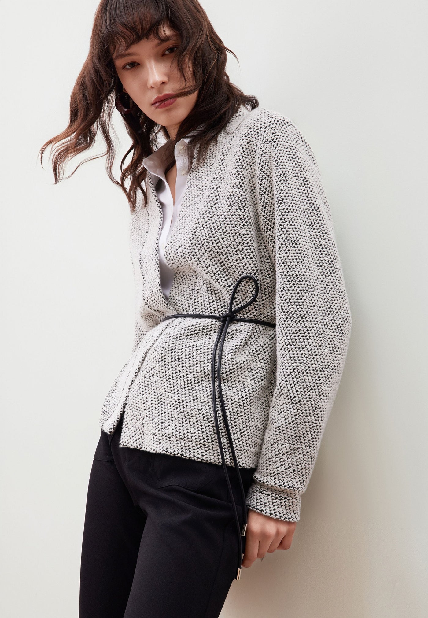 Women Clothing Tweed Knit Cardigan with Tie Regular Fit