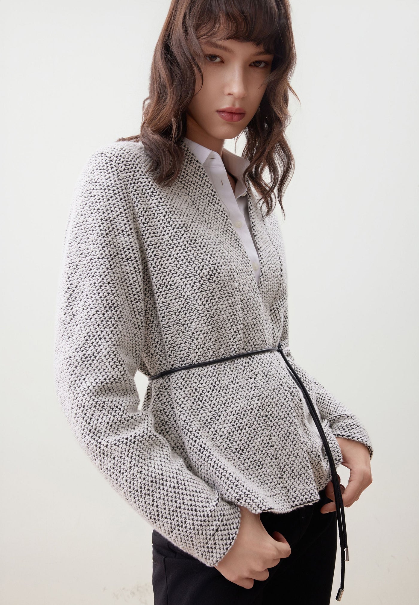 Women Clothing Tweed Knit Cardigan with Tie Regular Fit