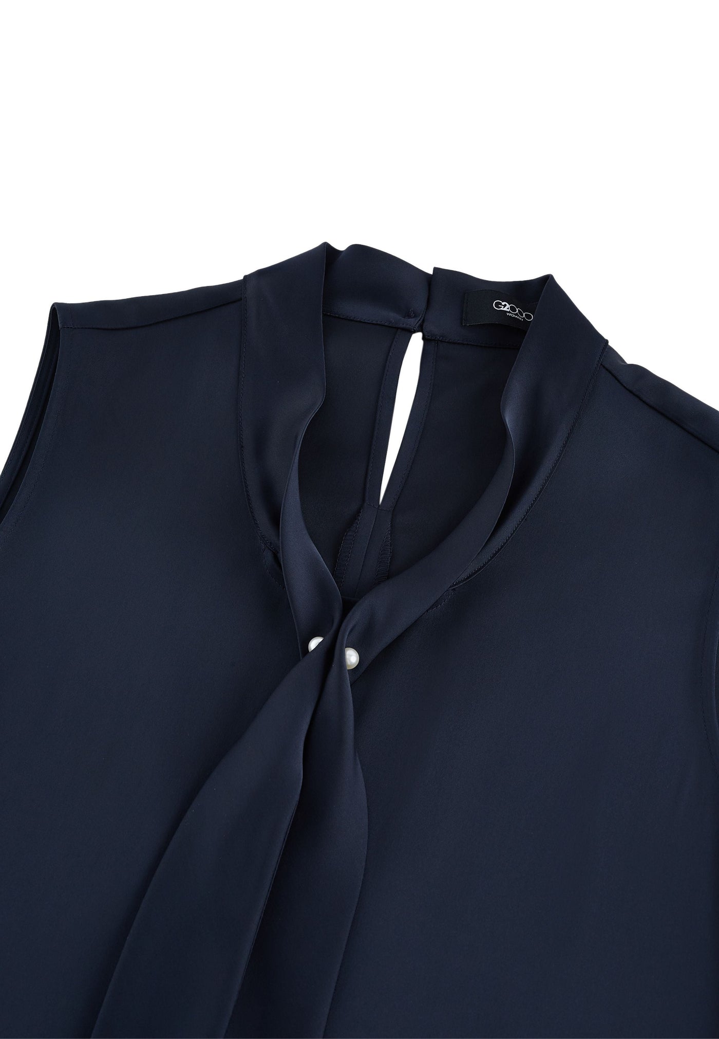 Women Clothing Sleeveless Satin Blouse with Pearl Tie-Neck Regular Fit
