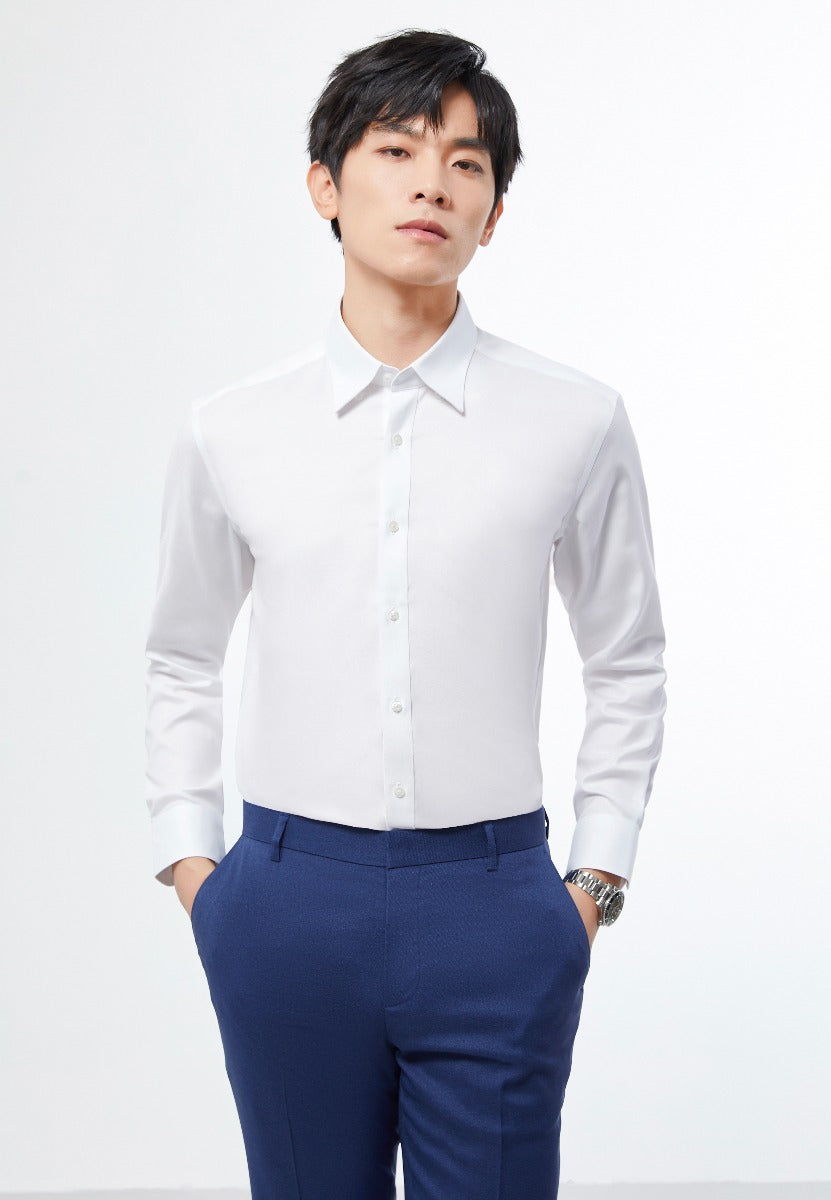 Non-Iron Cotton Spandex Dress Shirt Men Smart Fit - White