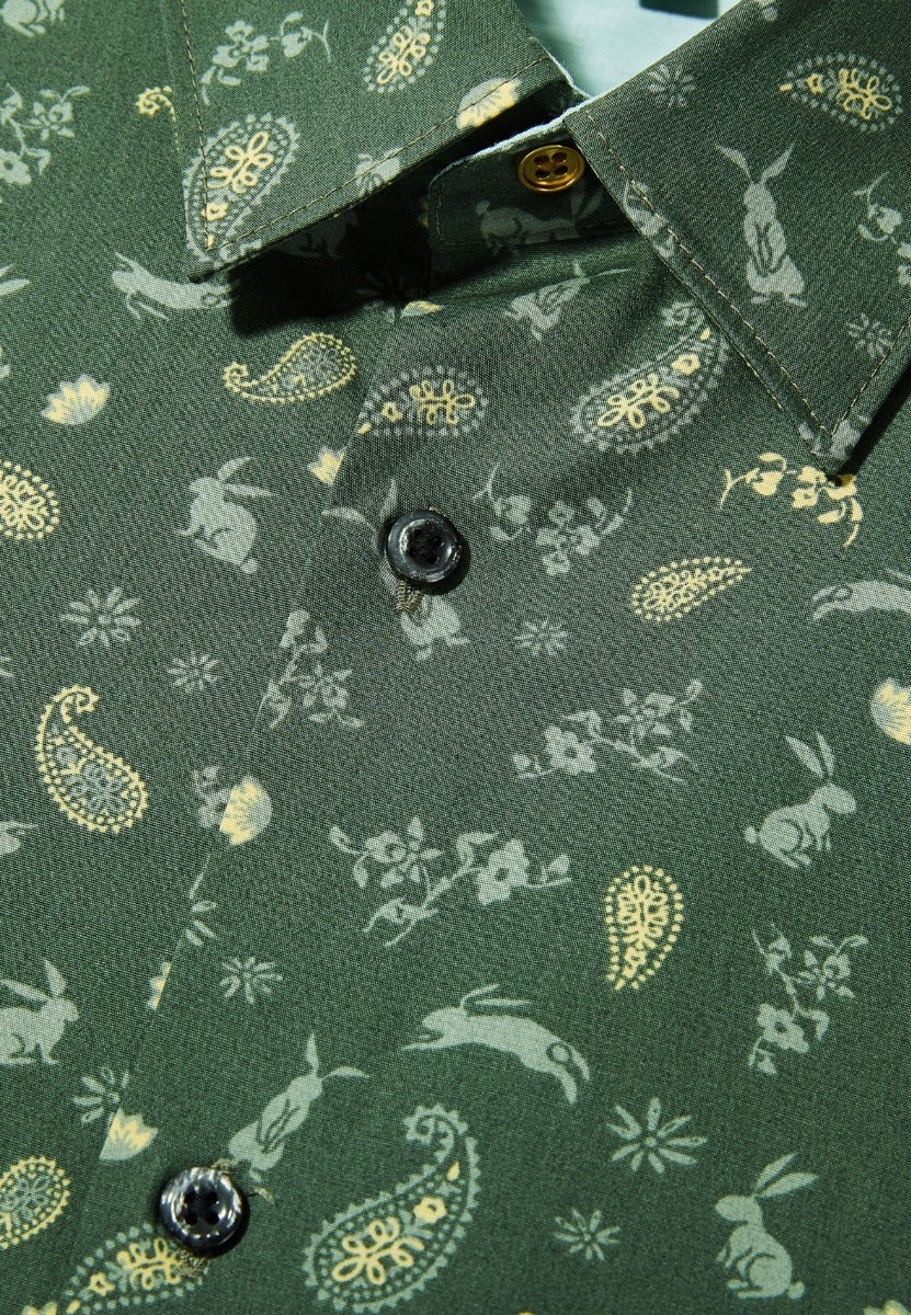 Small Rabbit Print On Poplin Casual Shirt Men Smart Fit - Green