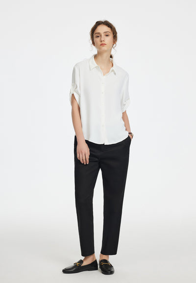 Women Collared Blouse Roll-Up Sleevs Detail - Loose Fit