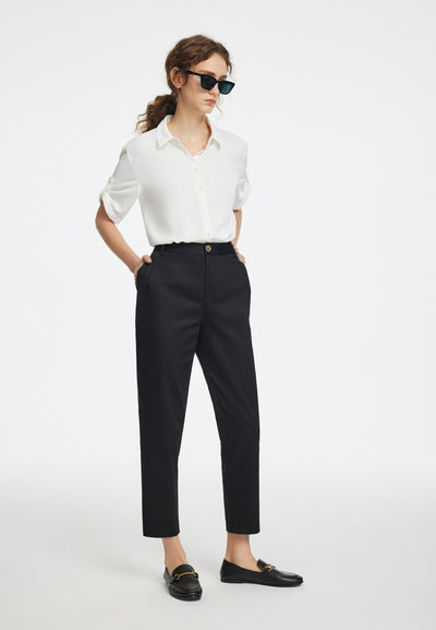 Women Collared Blouse Roll-Up Sleevs Detail - Loose Fit